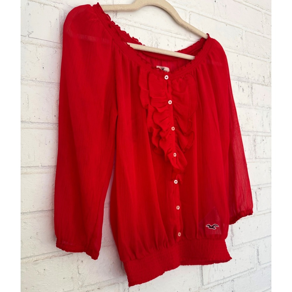 Hollister Y2K Sheer Red Chiffon Romantic Smocked Peasant Blouse Size S